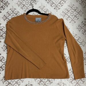Milano Women's Camel Brown Pearl-Trim Long Sleeve Top